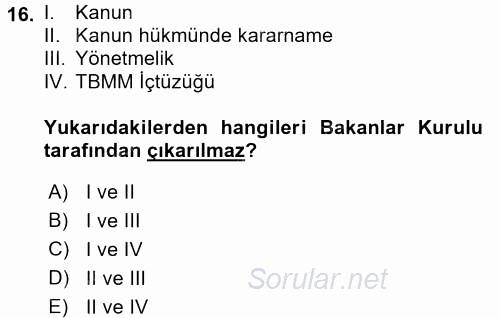 Türk Anayasa Hukuku 2017 - 2018 Ara Sınavı 16.Soru