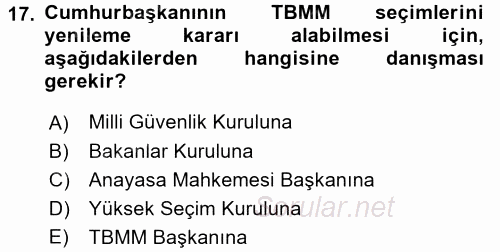 Türk Anayasa Hukuku 2017 - 2018 Ara Sınavı 17.Soru