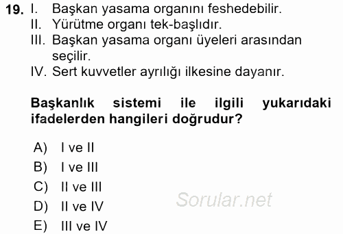 Türk Anayasa Hukuku 2017 - 2018 Ara Sınavı 19.Soru