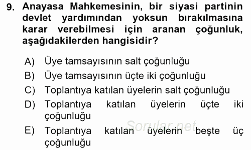 Türk Anayasa Hukuku 2017 - 2018 Ara Sınavı 9.Soru