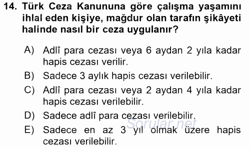 Çalışma Yaşamının Denetimi 2015 - 2016 Ara Sınavı 14.Soru