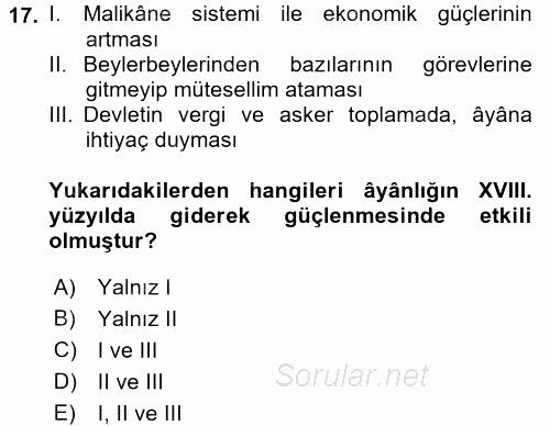 Osmanlı Merkez ve Taşra Teşkilatı 2016 - 2017 Dönem Sonu Sınavı 17.Soru