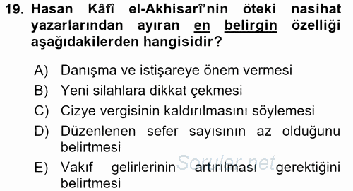 Osmanlı Merkez ve Taşra Teşkilatı 2016 - 2017 Dönem Sonu Sınavı 19.Soru