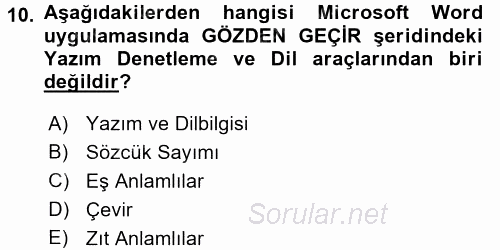 Temel Bilgi Teknolojileri 1 2016 - 2017 Ara Sınavı 10.Soru