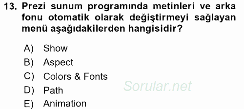 Temel Bilgi Teknolojileri 1 2016 - 2017 Ara Sınavı 13.Soru