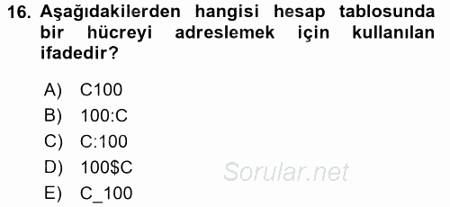Temel Bilgi Teknolojileri 1 2016 - 2017 Ara Sınavı 16.Soru