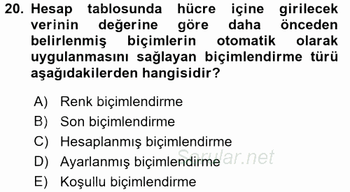 Temel Bilgi Teknolojileri 1 2016 - 2017 Ara Sınavı 20.Soru