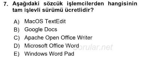 Temel Bilgi Teknolojileri 1 2016 - 2017 Ara Sınavı 7.Soru