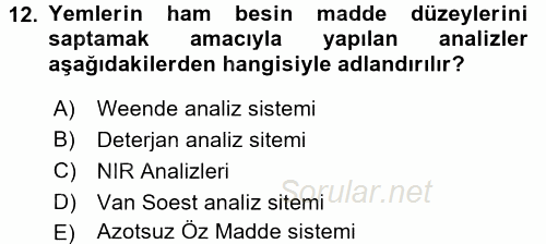 Temel Yem Bilgisi ve Hayvan Besleme 2016 - 2017 Dönem Sonu Sınavı 12.Soru