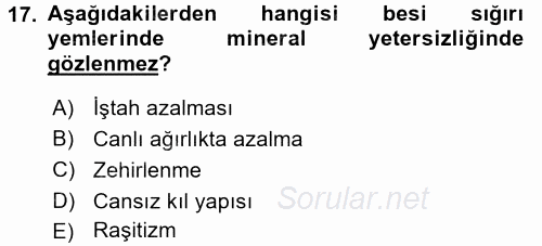 Temel Yem Bilgisi ve Hayvan Besleme 2016 - 2017 Dönem Sonu Sınavı 17.Soru