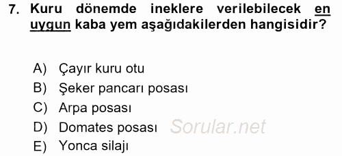 Temel Yem Bilgisi ve Hayvan Besleme 2016 - 2017 Dönem Sonu Sınavı 7.Soru