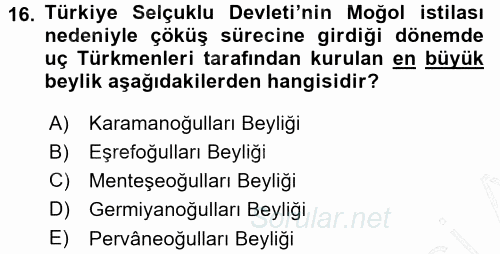Türkiye Selçuklu Tarihi 2015 - 2016 Dönem Sonu Sınavı 16.Soru