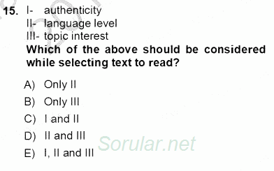Okuma Ve Dinleme Öğretimi 2012 - 2013 Ara Sınavı 15.Soru