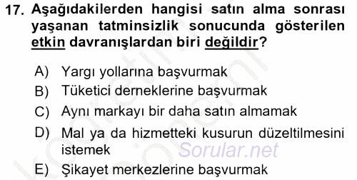 Tüketim Bilinci ve Bilinçli Tüketici 2016 - 2017 Ara Sınavı 17.Soru