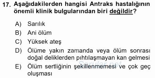 Temel Sürü Sağlığı Yönetimi 2017 - 2018 Dönem Sonu Sınavı 17.Soru