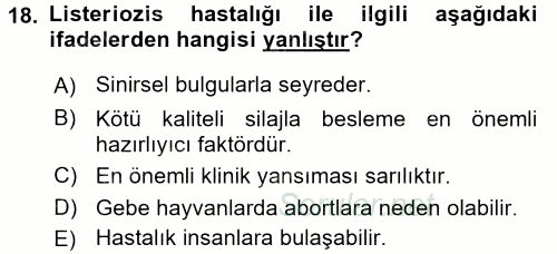 Temel Sürü Sağlığı Yönetimi 2017 - 2018 Dönem Sonu Sınavı 18.Soru