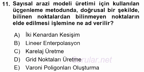 Bilgisayar Destekli Harita Yapımı 2 2016 - 2017 Dönem Sonu Sınavı 11.Soru