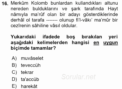 Osmanlı Türkçesi 2 2017 - 2018 Ara Sınavı 16.Soru