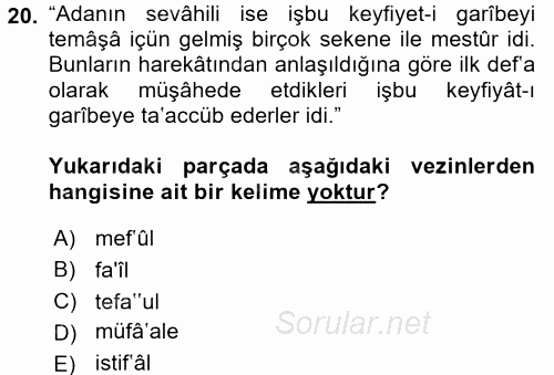 Osmanlı Türkçesi 2 2017 - 2018 Ara Sınavı 20.Soru