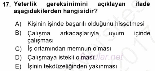 Yaşlılarda Çatışma Ve Stres Yönetimi 2 2016 - 2017 Ara Sınavı 17.Soru