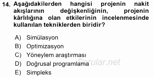 Proje Analizi ve Değerlendirme 2017 - 2018 Dönem Sonu Sınavı 14.Soru