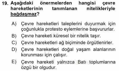 Yeni Toplumsal Hareketler 2016 - 2017 3 Ders Sınavı 19.Soru
