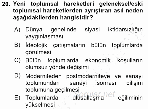 Yeni Toplumsal Hareketler 2016 - 2017 3 Ders Sınavı 20.Soru