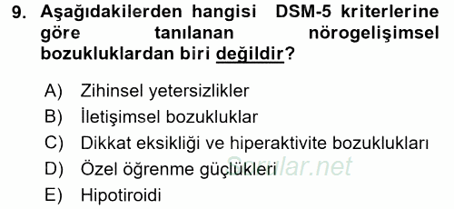 Çocuk Gelişimde Normal Ve Atipik Gelişim 2015 - 2016 Dönem Sonu Sınavı 9.Soru