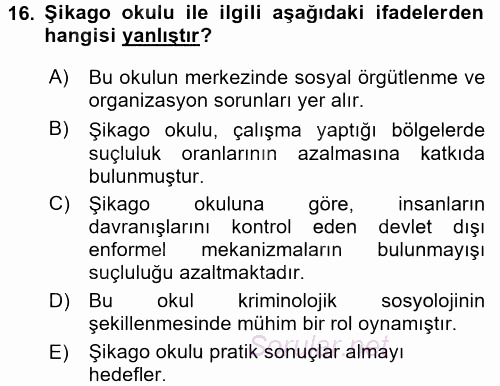 Kriminoloji 2017 - 2018 Ara Sınavı 16.Soru