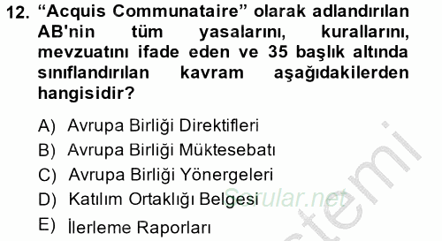 Avrupa Birliği 2014 - 2015 Dönem Sonu Sınavı 12.Soru
