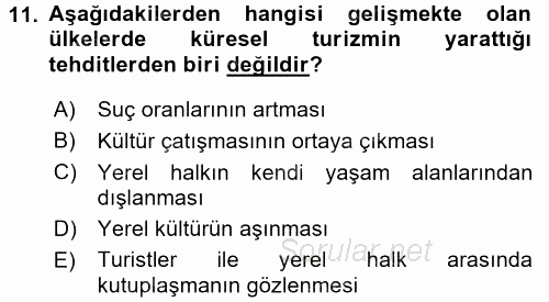 Turizm Sosyolojisi 2015 - 2016 Tek Ders Sınavı 11.Soru