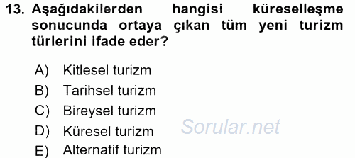 Turizm Sosyolojisi 2015 - 2016 Tek Ders Sınavı 13.Soru