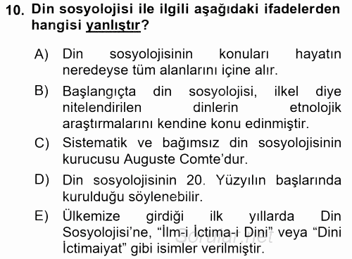 Din Sosyolojisi 2015 - 2016 Ara Sınavı 10.Soru