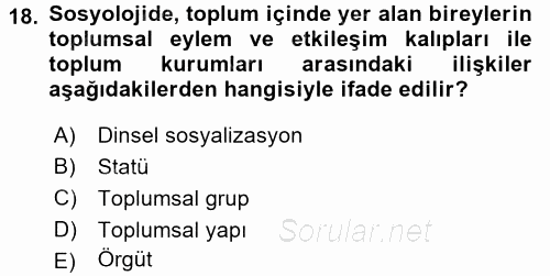 Din Sosyolojisi 2015 - 2016 Ara Sınavı 18.Soru