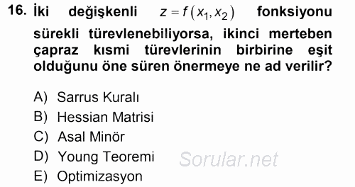 Matematiksel İktisat 2014 - 2015 Tek Ders Sınavı 16.Soru