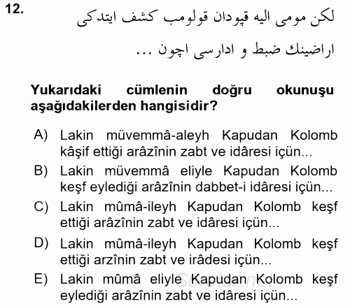 Osmanlı Türkçesi 2 2015 - 2016 Ara Sınavı 12.Soru