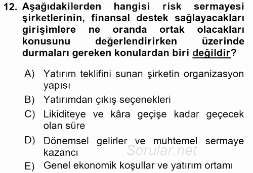 Girişim Finansmanı 2016 - 2017 Dönem Sonu Sınavı 12.Soru