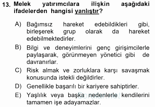 Girişim Finansmanı 2016 - 2017 Dönem Sonu Sınavı 13.Soru