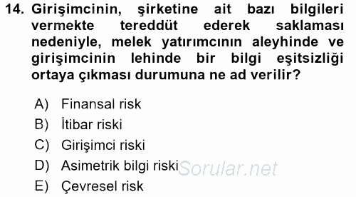 Girişim Finansmanı 2016 - 2017 Dönem Sonu Sınavı 14.Soru