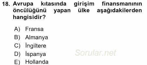 Girişim Finansmanı 2016 - 2017 Dönem Sonu Sınavı 18.Soru