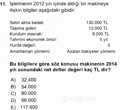Muhasebe Uygulamaları 2015 - 2016 Ara Sınavı 11.Soru