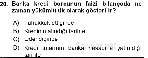 Muhasebe Uygulamaları 2015 - 2016 Ara Sınavı 20.Soru
