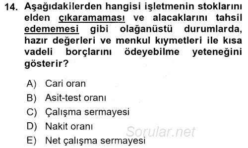 Finansal Yönetim 2015 - 2016 Ara Sınavı 14.Soru