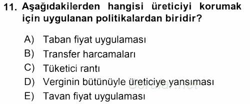 Tarım Ekonomisi ve Tarımsal Politikalar 2017 - 2018 Dönem Sonu Sınavı 11.Soru