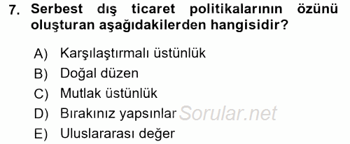 Tarım Ekonomisi ve Tarımsal Politikalar 2017 - 2018 Dönem Sonu Sınavı 7.Soru