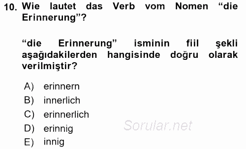 Almanca 2 2017 - 2018 Dönem Sonu Sınavı 10.Soru