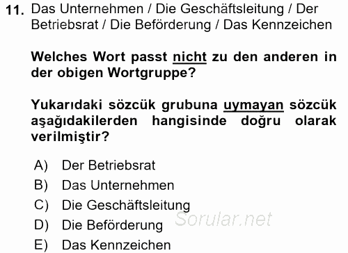 Almanca 2 2017 - 2018 Dönem Sonu Sınavı 11.Soru
