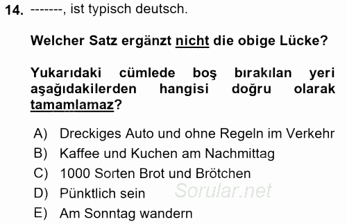 Almanca 2 2017 - 2018 Dönem Sonu Sınavı 14.Soru