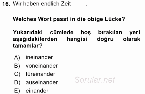 Almanca 2 2017 - 2018 Dönem Sonu Sınavı 16.Soru