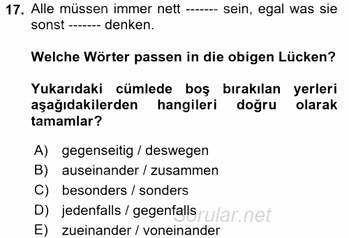 Almanca 2 2017 - 2018 Dönem Sonu Sınavı 17.Soru